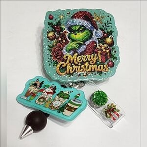 Grin Badge Reel Christmas Green Monster Xmas Alligator‎ Clip Badge Holder